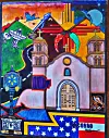 Colorful mural showing a church, mountains, road, New Mexico symbol and stars and stripes.