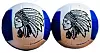 Two blue and white volleyballs with matching Native-inspired head profiles.